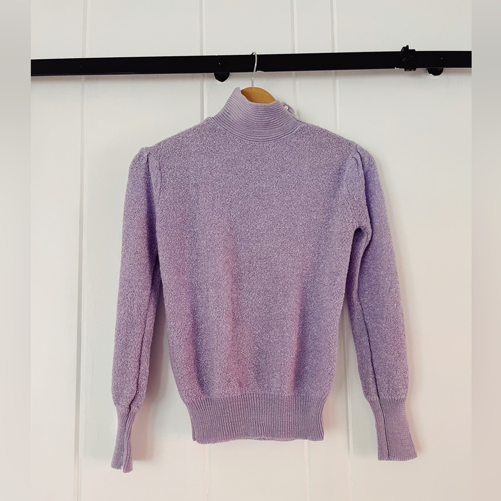 Vintage Lavender Button Neck Puffed Shoulder Long Sleeved Turtle Neck Sweater XS